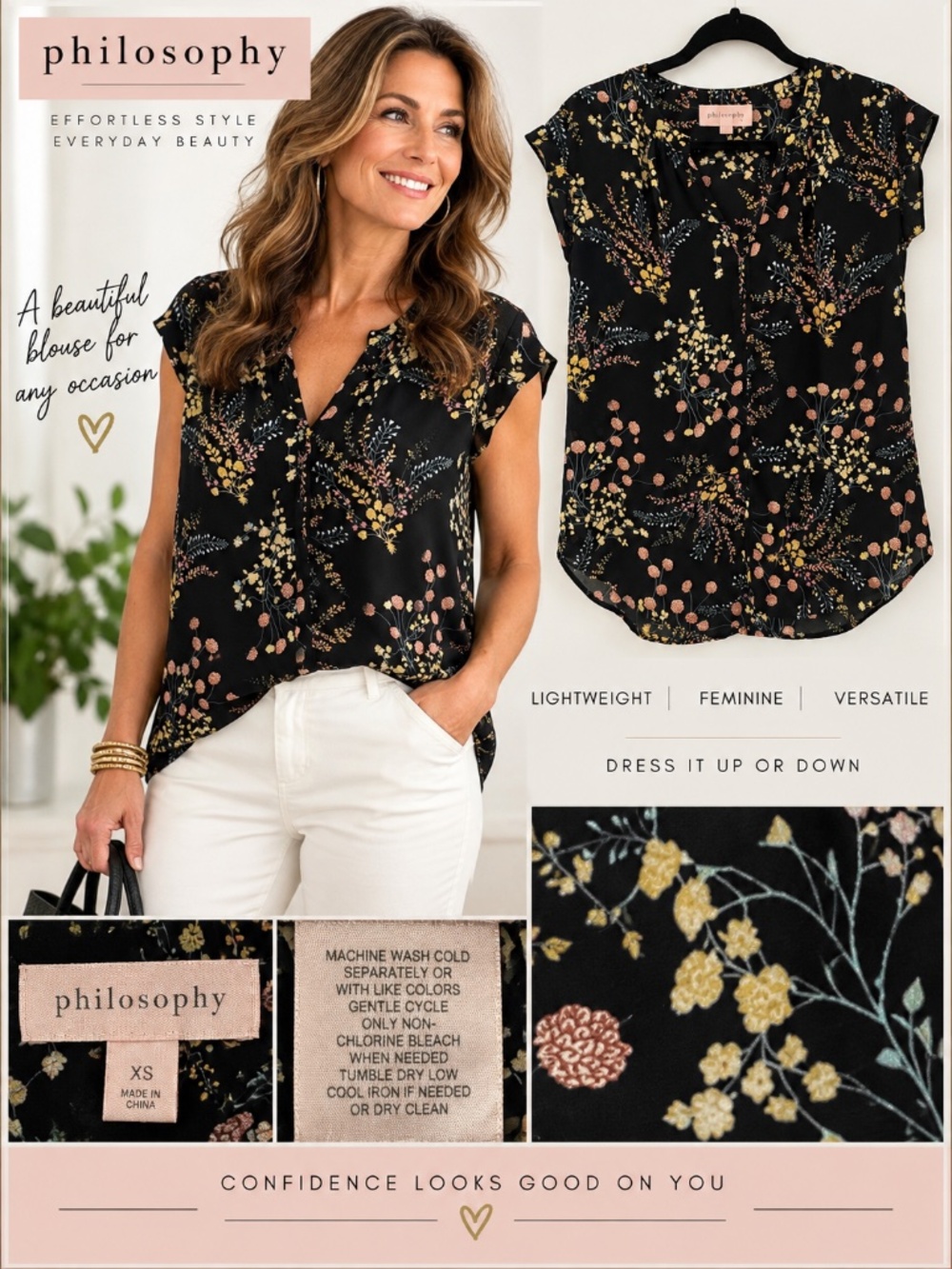 Philosophy Black Botanical Floral Blouse | Size XS